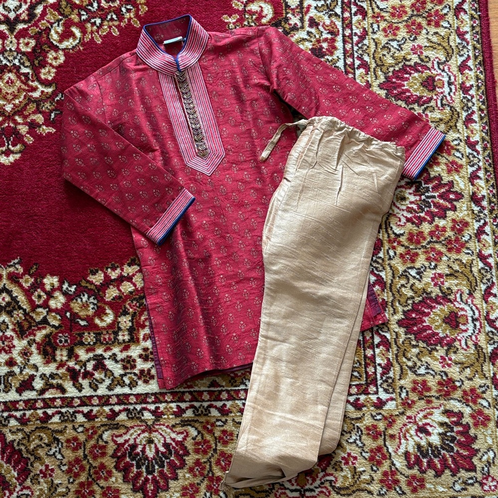 Kids Red Kurta Set with Gold Pants - from String & Thread